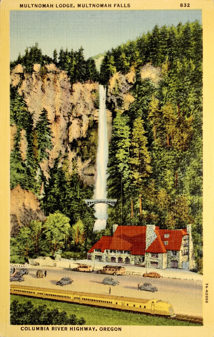 Multnomah Falls Lodge, with Bridge & Train — Front